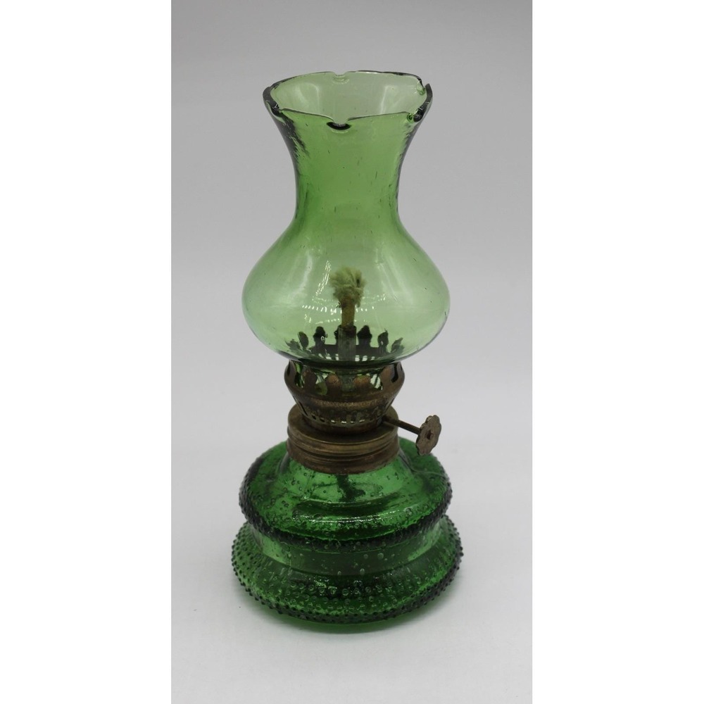 Vtg MCM Rustic Farmhouse Collectible Green Glass Miniature Oil Hurricane Lamp